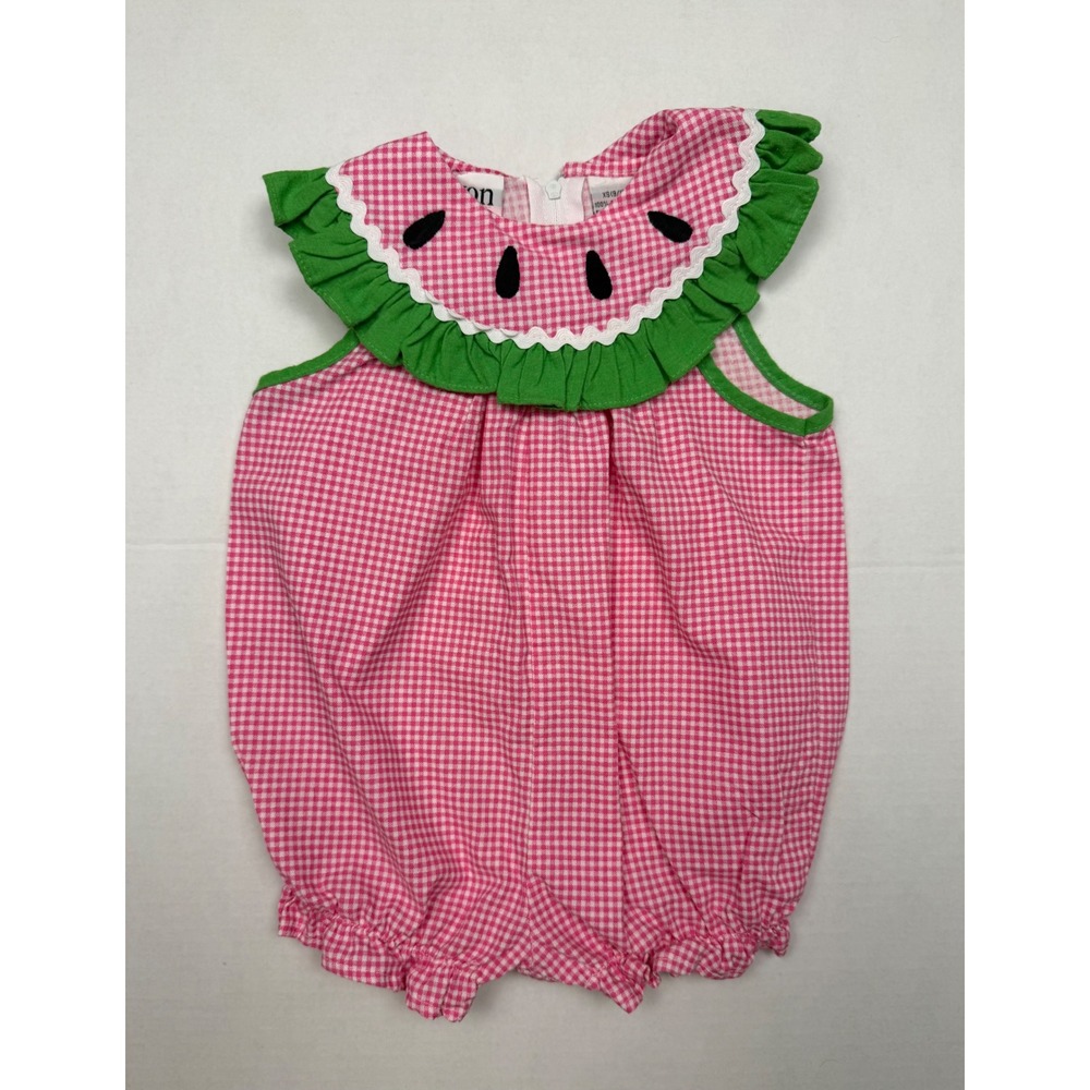 Avon Romper Watermelon Gingham XS 9-12M Pink Summer Ruffle Sleeveless Sunsuit